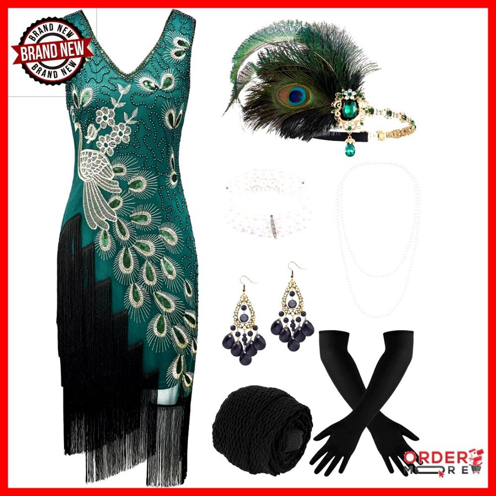 Vintage 1920s Flapper Dress Set with Accessories Gatsby Style